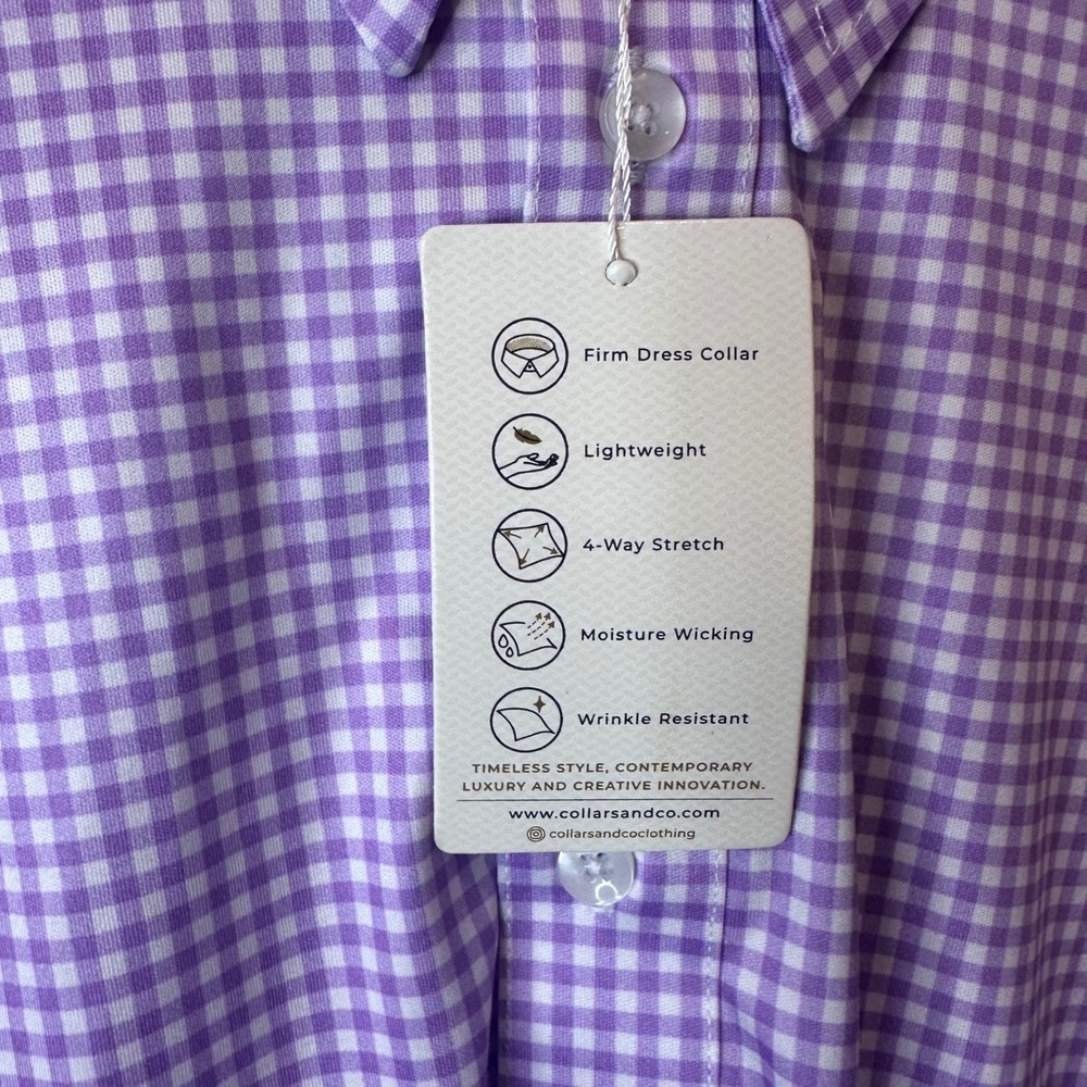 NEW Collars & Co Mens Large Purple Lavender Gingham Performance Short Polo - Picture 4 of 6